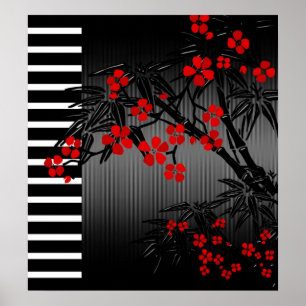 Poster Asian Red Black White Bamboo-Blommigt