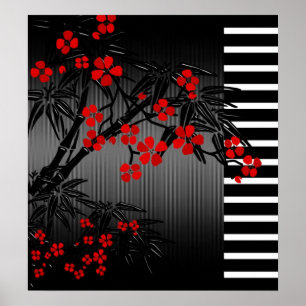 Poster Asian Red Black White Bamboo Blommigt 2