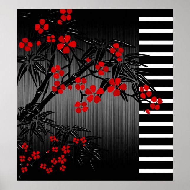 Poster Asian Red Black White Bamboo Blommigt 2 (Framsidan)