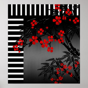 Poster Asian Red Black White Bamboo Blommigt 3