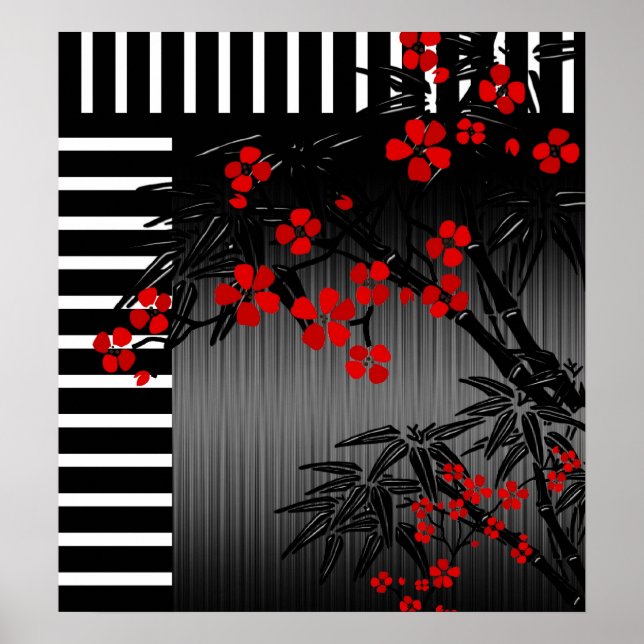 Poster Asian Red Black White Bamboo Blommigt 3 (Framsidan)