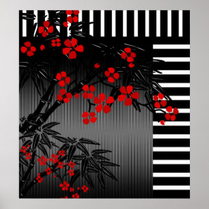 Poster Asian Red Black White Bamboo Blommigt 4
