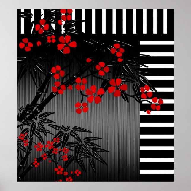 Poster Asian Red Black White Bamboo Blommigt 4 (Framsidan)