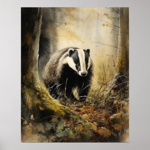 Poster av Badger Woodland Animal Art Print