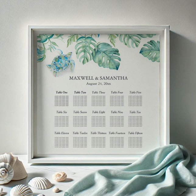 Poster av Beach Wedding SEATING CHART Sea Turtle (wedding seating chart watercolor sea turtle and palm leaves by Victoria Grigaliunas Do Tell A Belle)