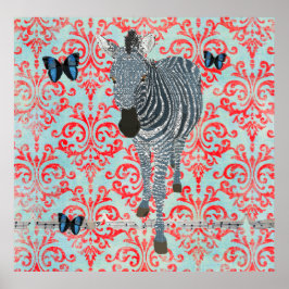 Poster av Boho Blue Zebra och Butterflies Damask