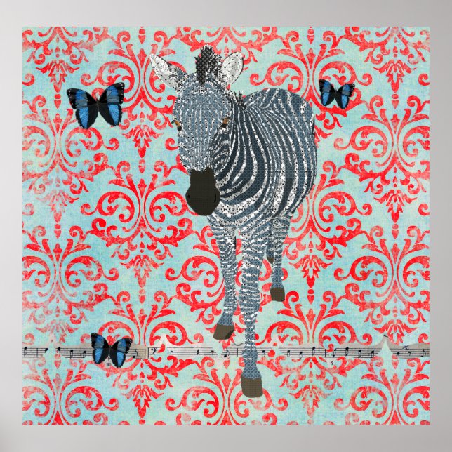 Poster av Boho Blue Zebra och Butterflies Damask (Framsidan)