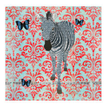 Poster av Boho Blue Zebra och Butterflies Damask
