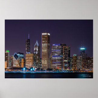 Poster av Chicago Skyline Illinois med Natten Himl