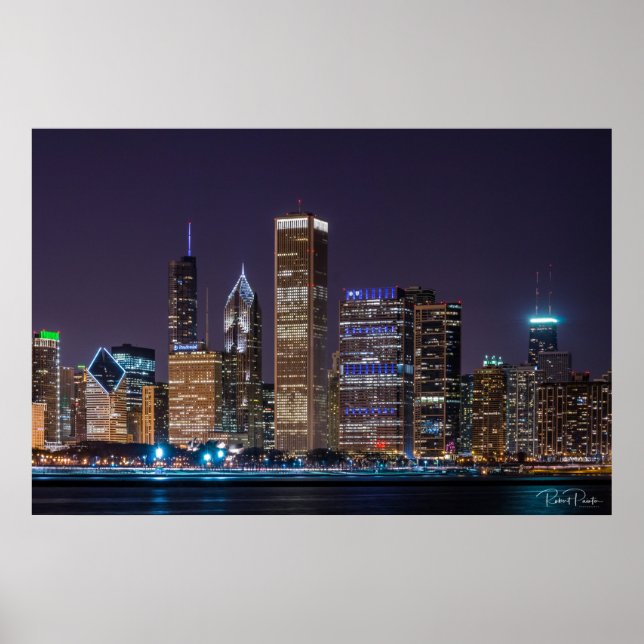 Poster av Chicago Skyline Illinois med Natten Himl (Framsidan)