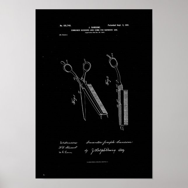Poster av Comb Barbers Patent med kombinerade saxa (Framsidan)