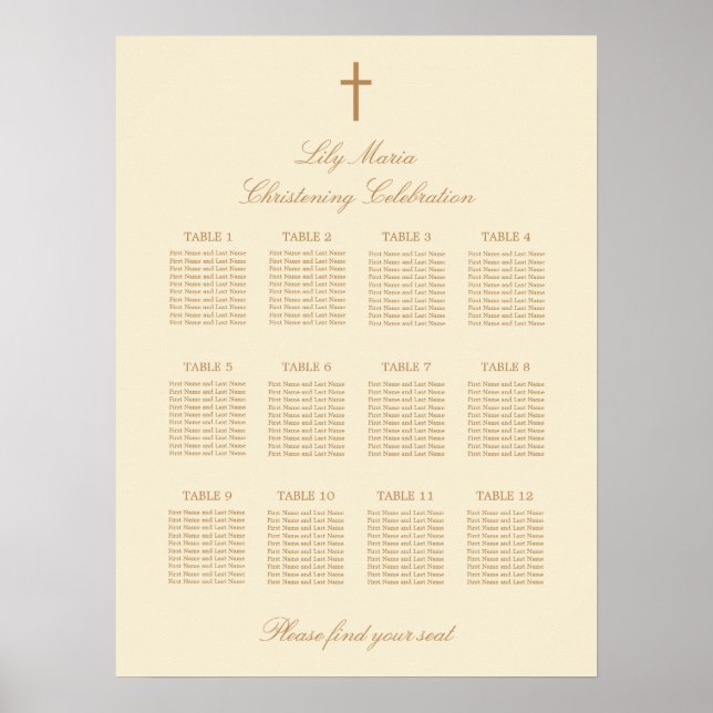 Poster av Cream 12 Bord Christening Seating Chart (Framsidan)