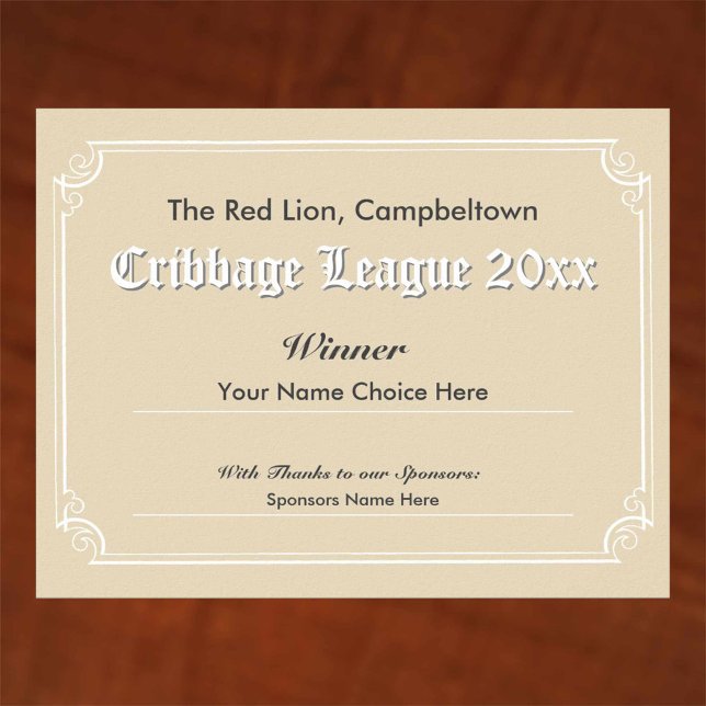 Poster av "Cribbage Competition Winner"-certifikat (Skapare uppladdad)