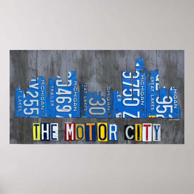 Poster av Detroit Motor City License Plate Skyline (Framsidan)