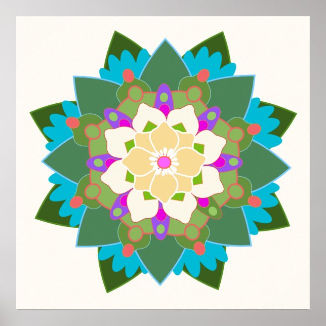 Poster av färglös Blommigt Lotus Flower Mandala (Framsidan)