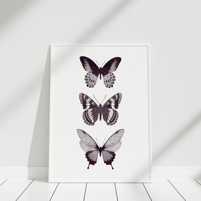 Poster av fjäril (Black and White Minimalist Butterfly Poster in a white frame.)