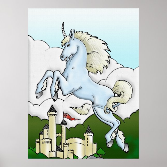 Poster av flygande Unicorn och Castle Fantasy Art (Framsidan)