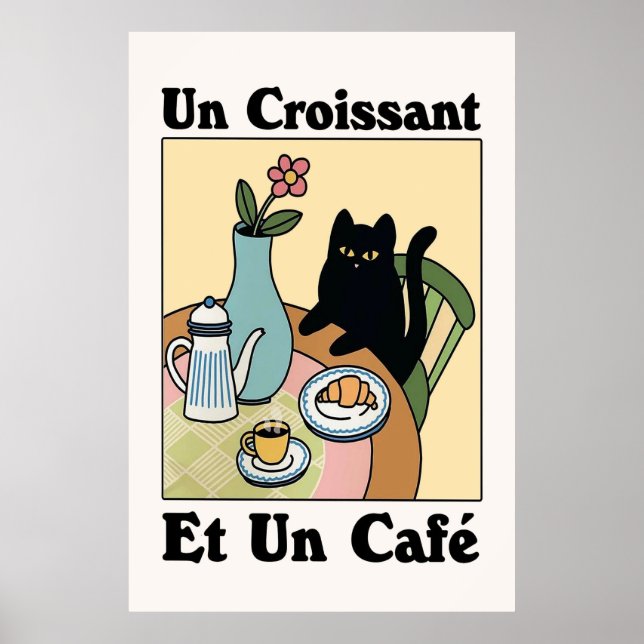Poster av fransk Cafe Croissant Cat Print (Framsidan)