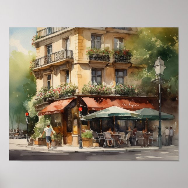 Poster av fransk Cafe Watercolor Ligcape Art Skriv (Framsidan)