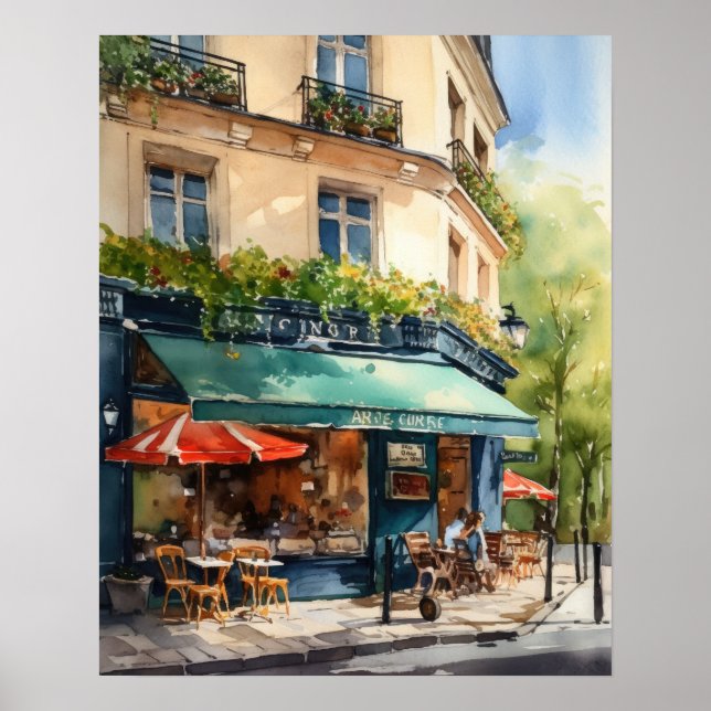 Poster av fransk Cafe Watercolor Ligcape Art Skriv (Framsidan)