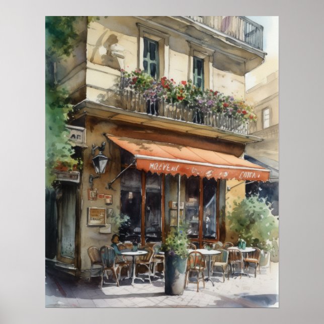 Poster av fransk Cafe Watercolor Ligcape Art Skriv (Framsidan)