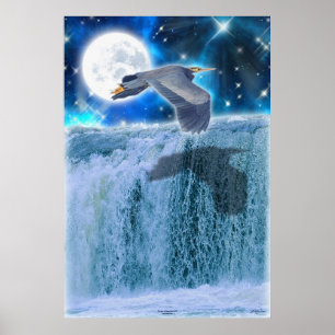 Poster av Heron, Måne och vattenfall Fantasy Art