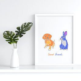 Poster av illustrerad Hund och kaninväggskonst för