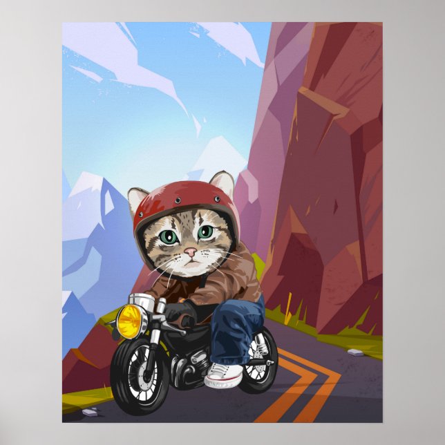 Poster av kattmotorcykel på bergväg (Framsidan)