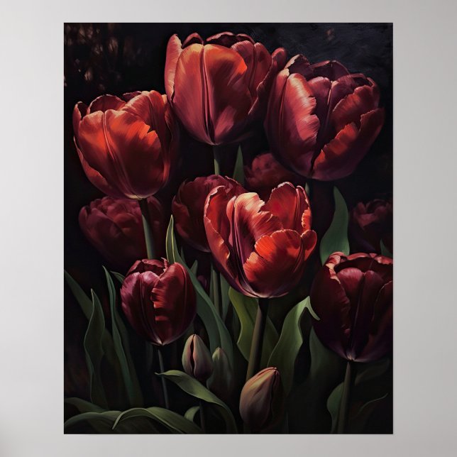 Poster av konstutskrift av Maroon Tulip Flowers (Framsidan)