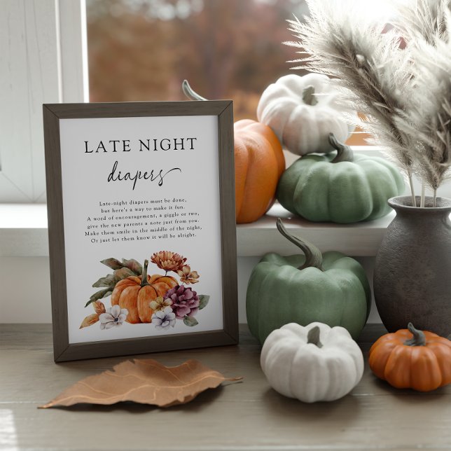 Poster av kortaste nattledighet (Boho Late Night Diapers Game Sign Baby Shower Fall Pumpkins)