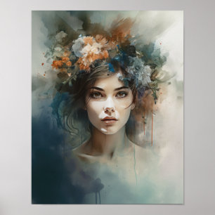 Poster av kvinnan med blomstande huvudteckning