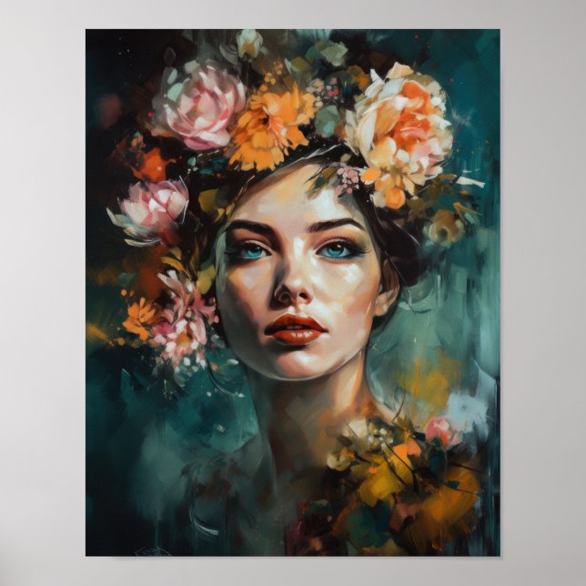 Poster av kvinnan med blomstande huvudteckning (Framsidan)
