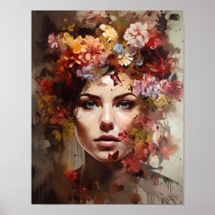 Poster av kvinnan med blomstande huvudteckning