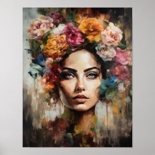 Poster av kvinnan med blomstande huvudteckning