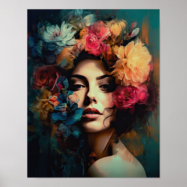 Poster av kvinnan med blomstande huvudteckning (Framsidan)