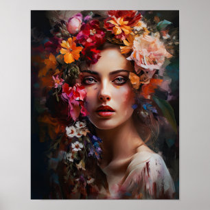 Poster av kvinnan med blomstande huvudteckning