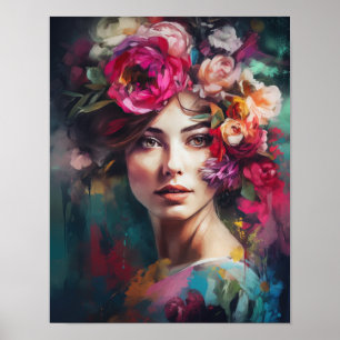 Poster av kvinnan med blomstande huvudteckning