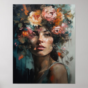 Poster av kvinnan med blomstande huvudteckning