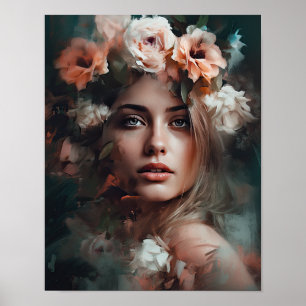 Poster av kvinnan med blomstande huvudteckning