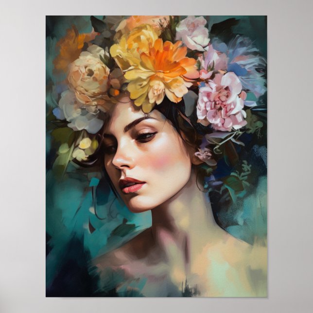 Poster av kvinnan med blomstande huvudteckning (Framsidan)