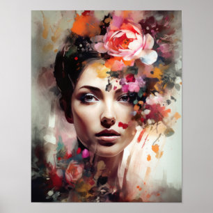 Poster av kvinnan med blomstande huvudteckning