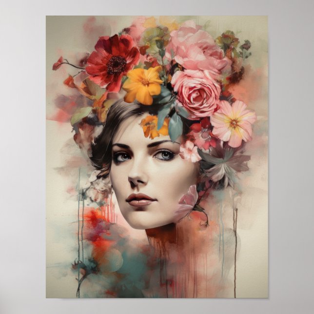 Poster av kvinnan med blomstande huvudteckning (Framsidan)