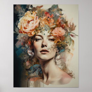 Poster av kvinnan med blomstande huvudteckning