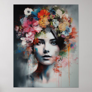 Poster av kvinnan med blomstande huvudteckning