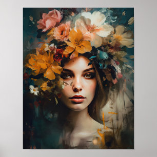 Poster av kvinnan med blomstande huvudteckning