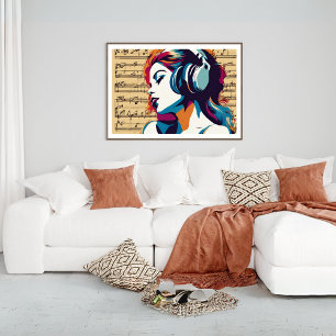Poster av kvinnliga lyssnare till musik i hörlurar