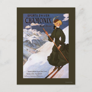 Poster av kvinnor i Grönt Skiing Vykort