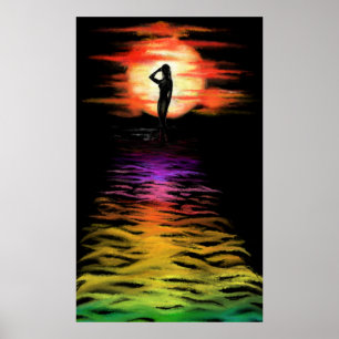 Poster av kvinnor i Sea Sunset - Målning Art