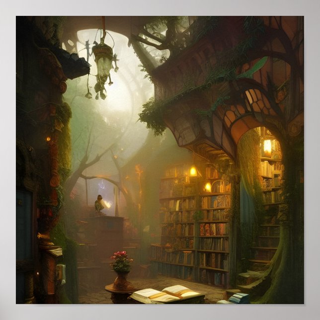 Poster av Magic Bookstore Fantasy Art (Framsidan)
