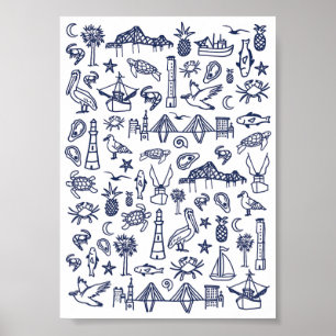 Poster av marint blått och vitt Charleston Toile M